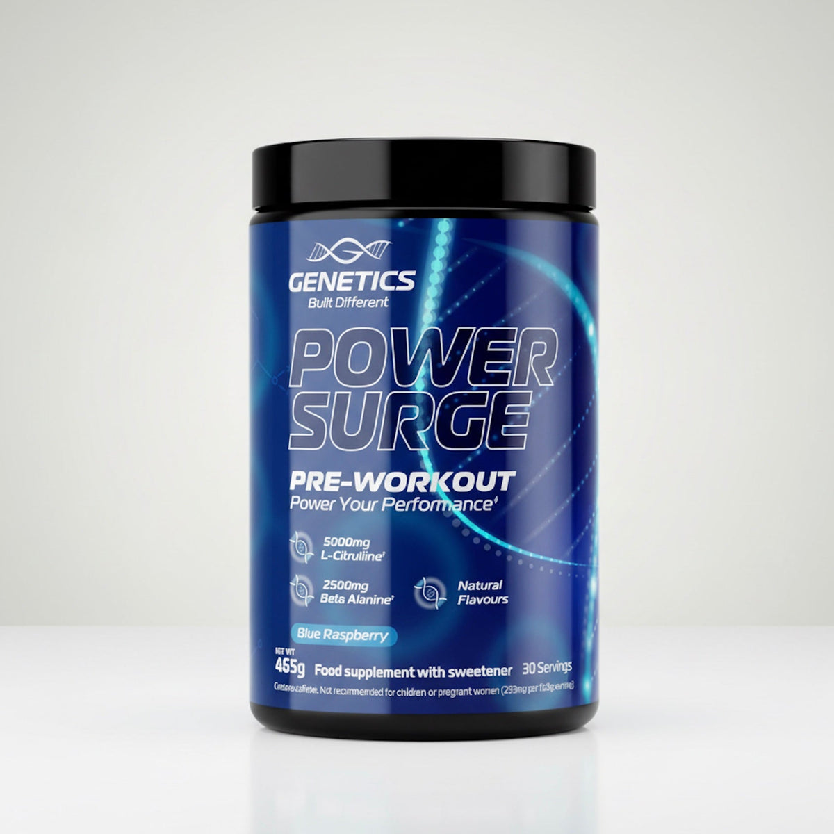 Blue container of Genetics Power Surge pre-workout supplement on a white background