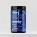 Blue and black container of Genetics Power Surge pre-workout supplement on a light gray background