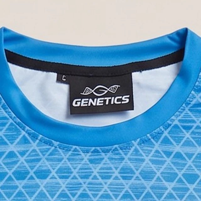 Close-up of the GENETICS neck label on the tee