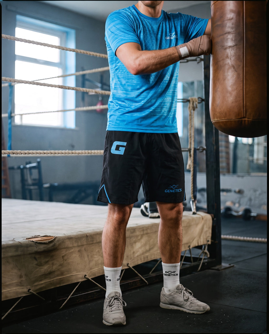 Genetics Training Kit in Blue worn in a boxing gym beside a heavy bag (socks sold separately)