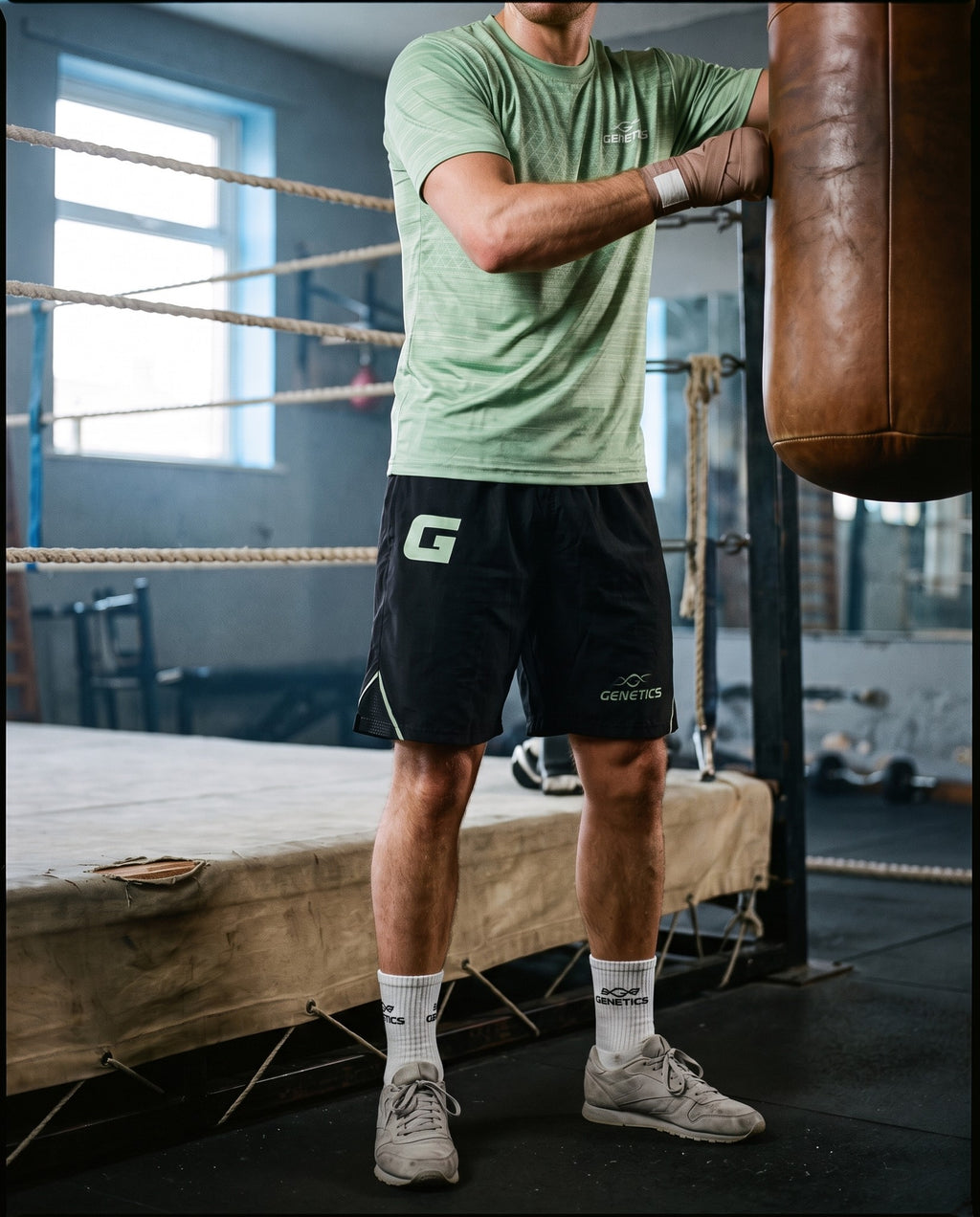 Genetics Training Kit in Green worn in a boxing gym beside a heavy bag (socks sold separately)