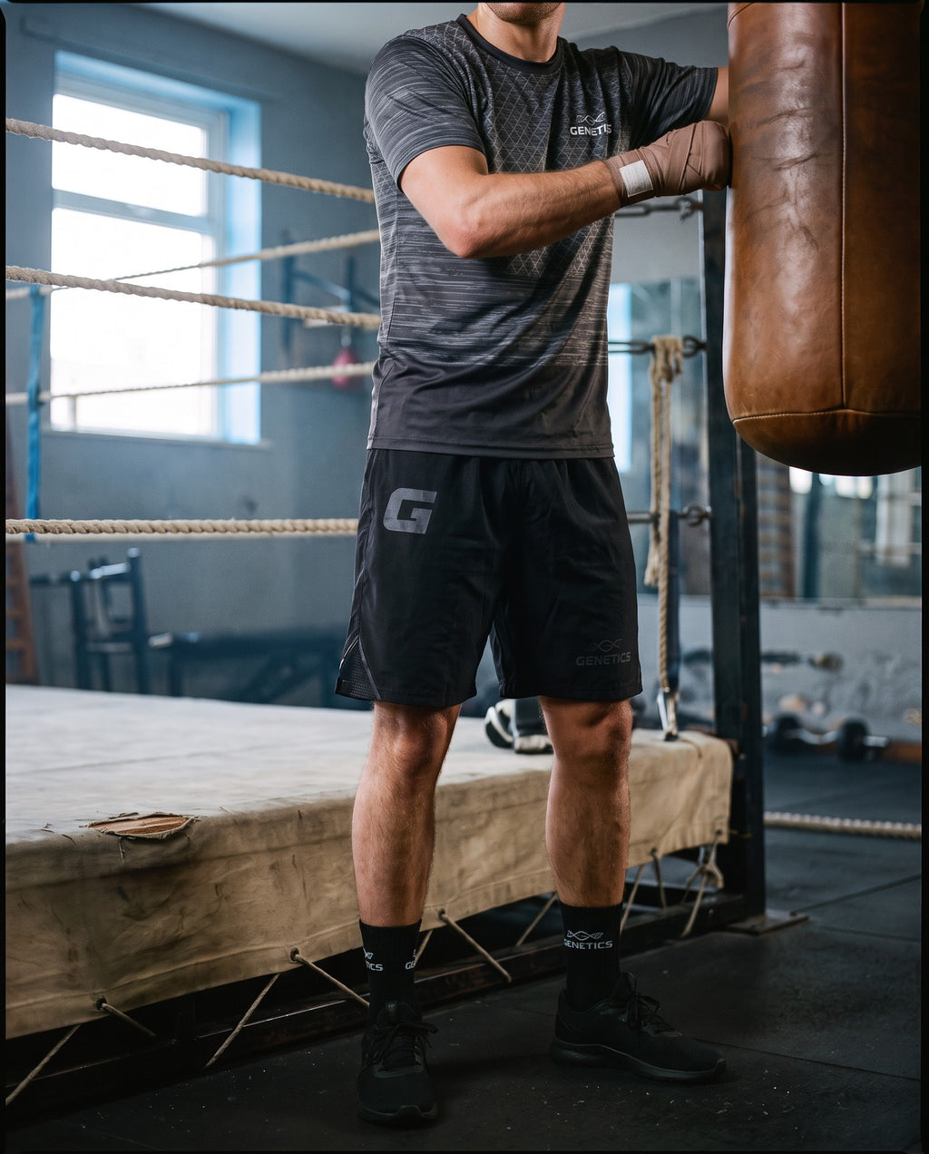 Genetics Training Kit in Grey worn in a boxing gym beside a heavy bag (socks sold separately)